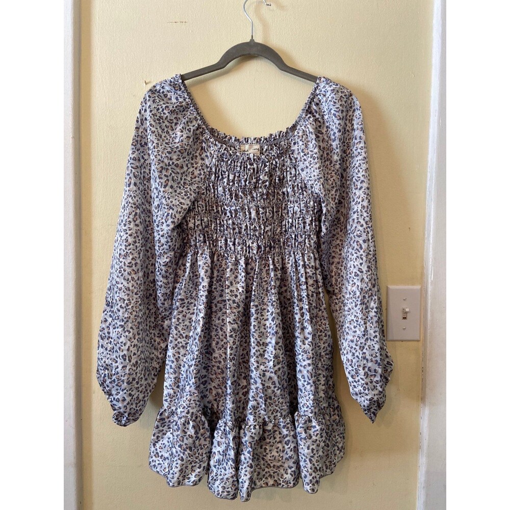 Lovely melody top blouse animal print leopard smocked silky long sleeve MEDIUM